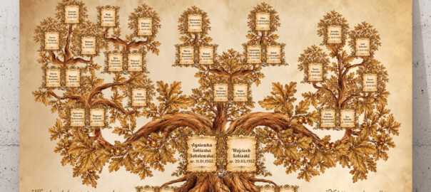 Drzewo genealogiczne Złota Jesień na płótnie z personalizowanym układem rodziny`