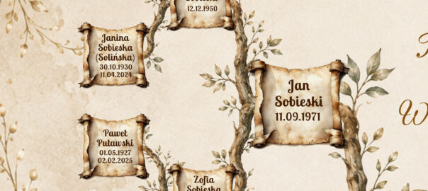 Zbliżenie na zwoje papirusowe z imionami i datami przodków na obrazie drzewa genealogicznego