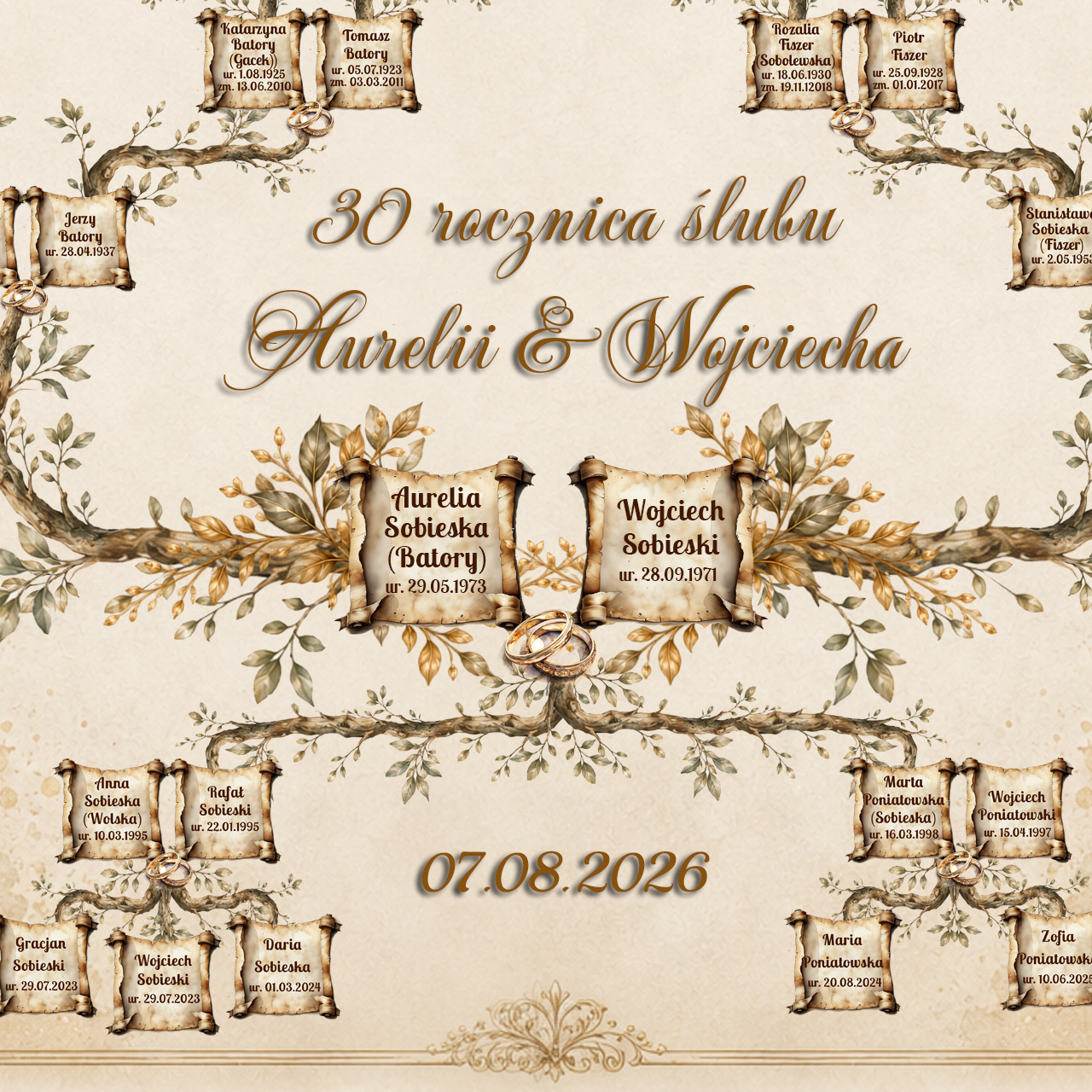 Zbliżenie na dedykację i imiona jubilatów w odwróconym drzewie genealogicznym prezent na 30 rocznicę ślubu