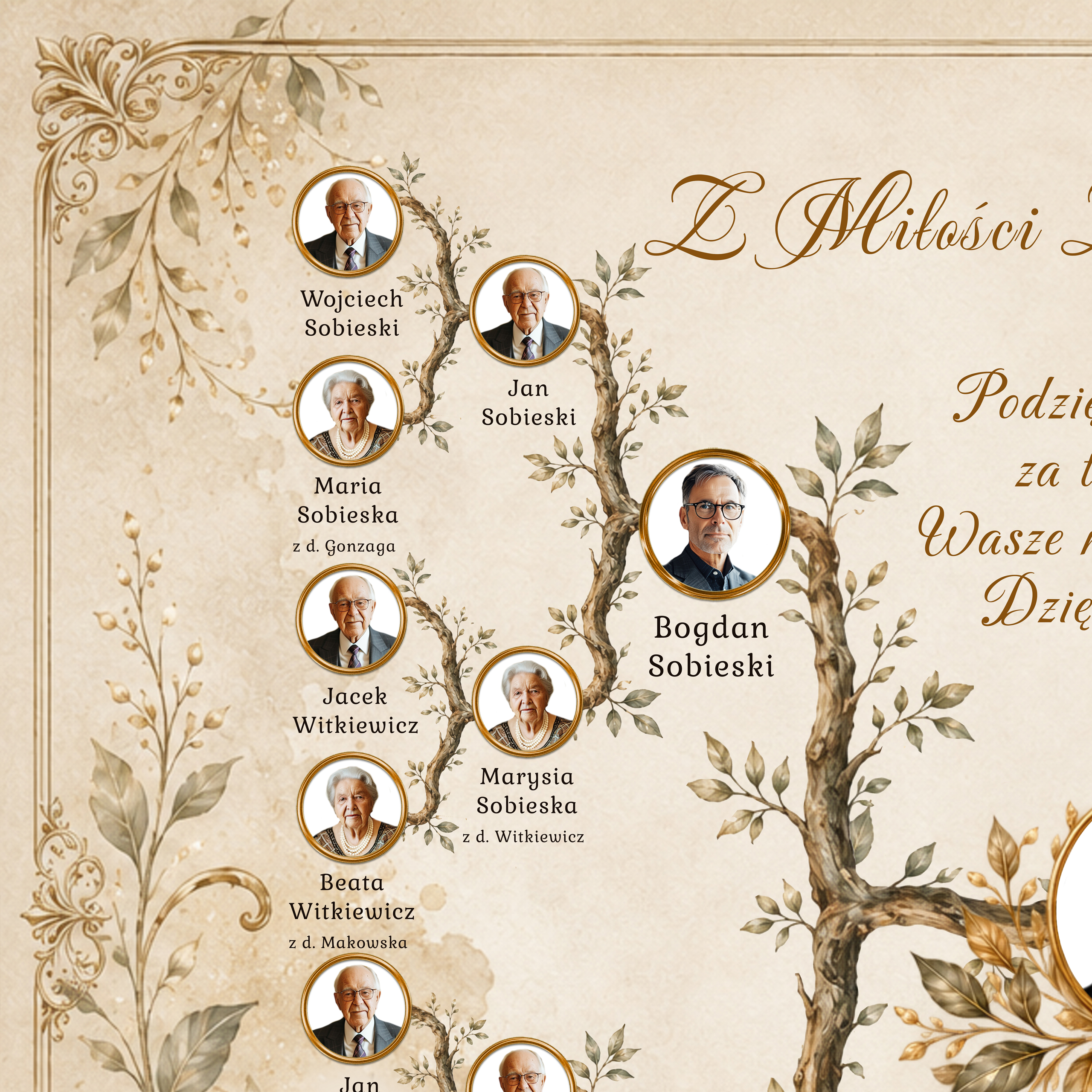 Zbliżenie na detale drzewa genealogicznego z pędami i listkami łączącymi pokolenia