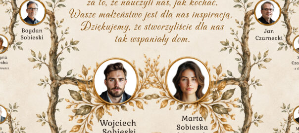 Centralna część obrazu z drzewem genealogicznym, nagłówkiem Z Miłości Zrodzeni i sentencją Jedno Drzewo Dwie Rodziny